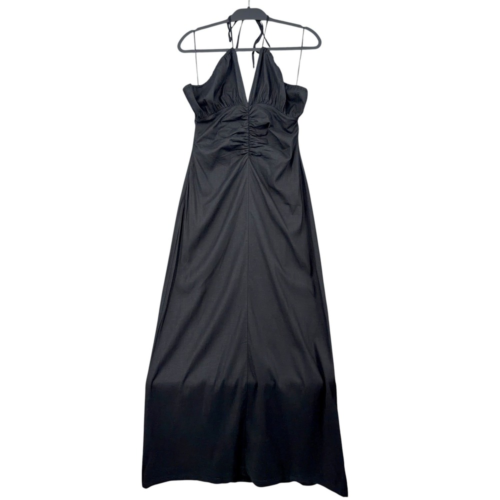 Riot Swim Black Linen Blend Halter Maxi Dress Ruched V-Neck Medium NWT‎